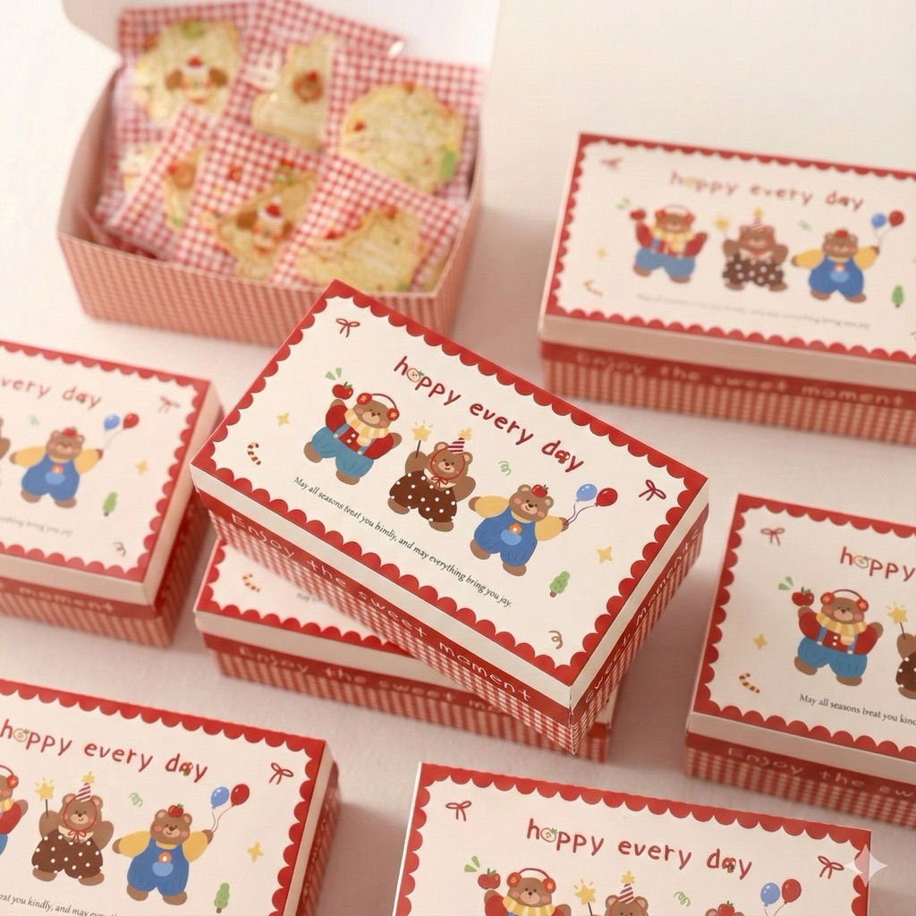 ✨ New!! กล่องกระดาษ Happy Every Day Bear Box | กล่องขนม กล่องของขวัญ ลายหมีแดงน่ารักๆ 🐻❤️แพ็ก 5 ใบ
