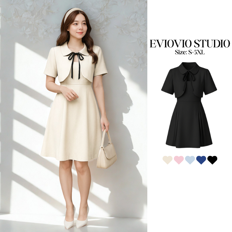 【EVIOVIO】 S-5XL✨ เดรสสไตล์สองชิ้นหลอก แขนสั้นมีปก ผูกโบว์ ชุดเดรสผู้หญิงแฟชั่นเกาหลี ใส่ทำงาน ออกงาน