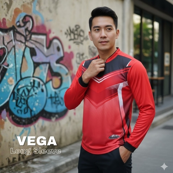 VEGA เสื้อกีฬาแขนยาว ผ้าไมโคร ไซM/L ผ้าพิมพ์ลายดิจิตอลสีสันสวยงาม ระบายอากาศดี มีความยืดหยุ่นสูง