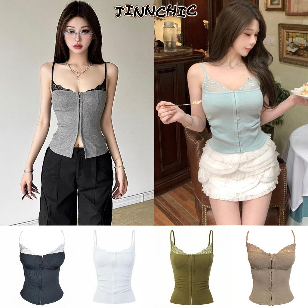 JINNCHIC ครอปเสื้อกล้าม เสื้อกั๊กลำลองสายเดี่ยว เสื้อกล้ามรัดรูปลูกไม้ ตกแต่งลูกไม้ แฟชั่นใหม่