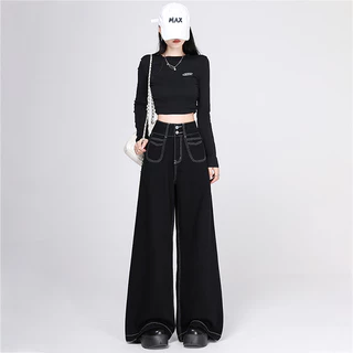 S-5XL กางเกงยีนส์ผู้หญิงเอวสูงสีดำทรงตรง ใส่สบายแบบลำลอง มีทุกไซส์