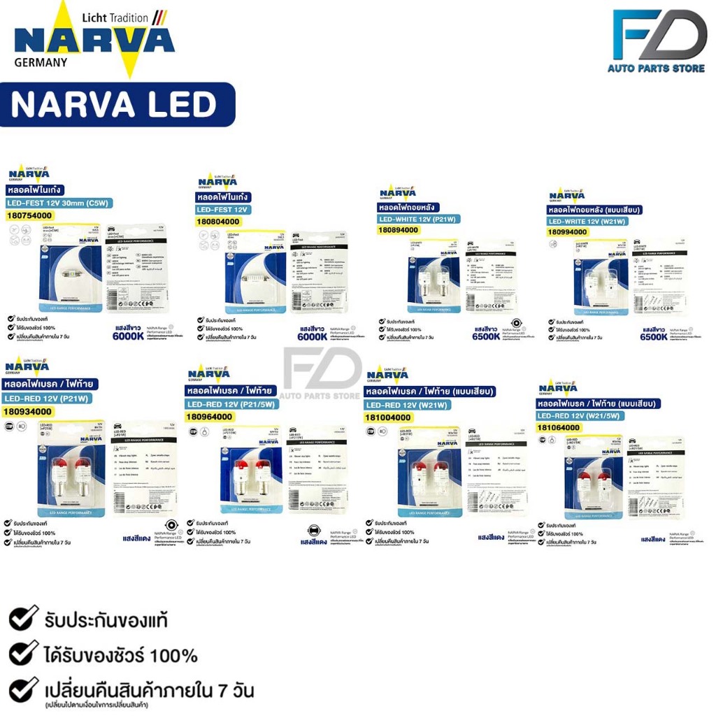 NARVA LED หลอดไฟท้าย ไฟถอย ไฟเบรค ไฟสัญญาณ T10 W21 W21/5 P21 P21/5 สีแดง สีขาว
