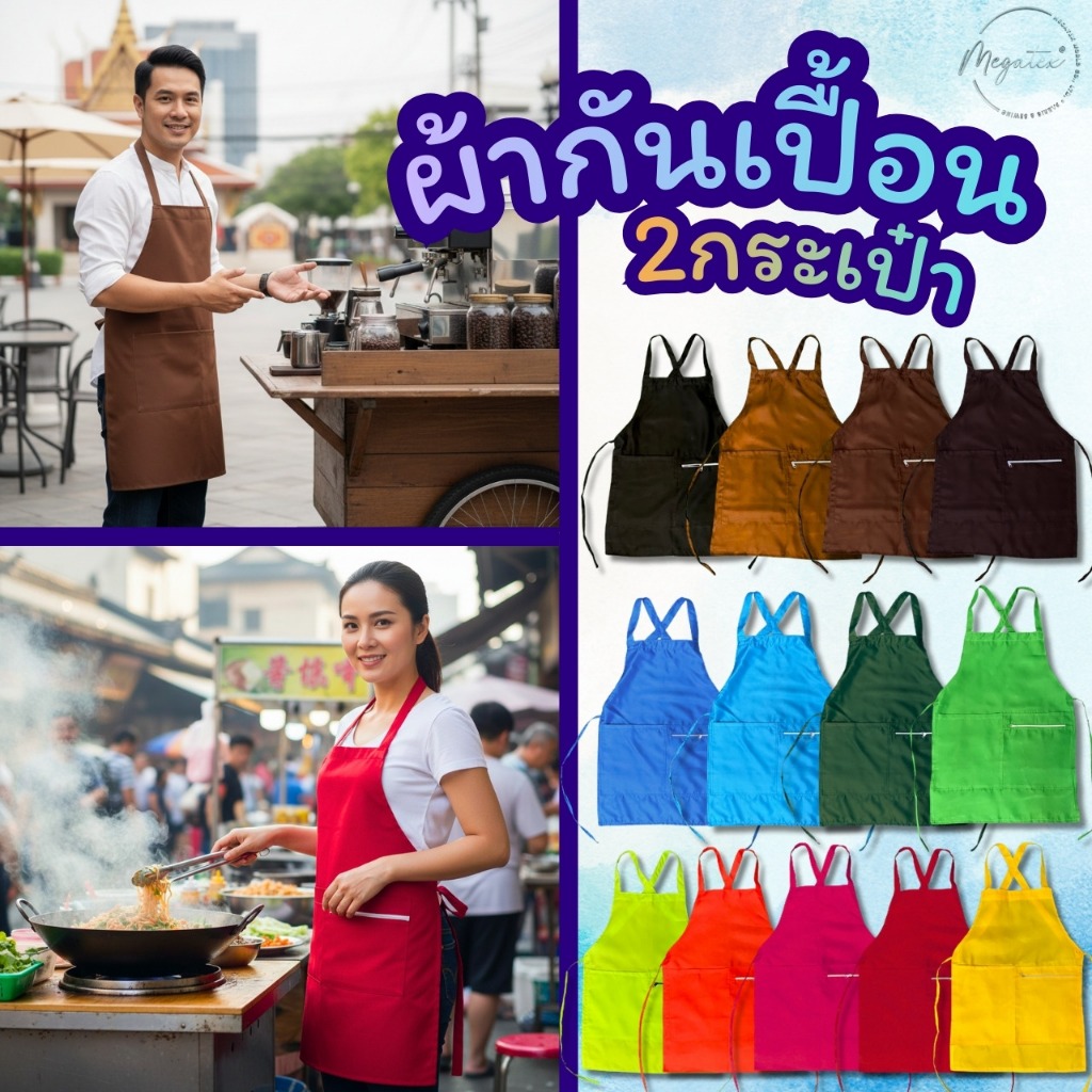ผ้ากันเปื้อน 2กระเป๋า 1ซิป มีให้เลือกหลายสี ผ้ากันเปื้อนผู้ใหญ่ กุ๊นขอบ มีราคาส่ง A0103