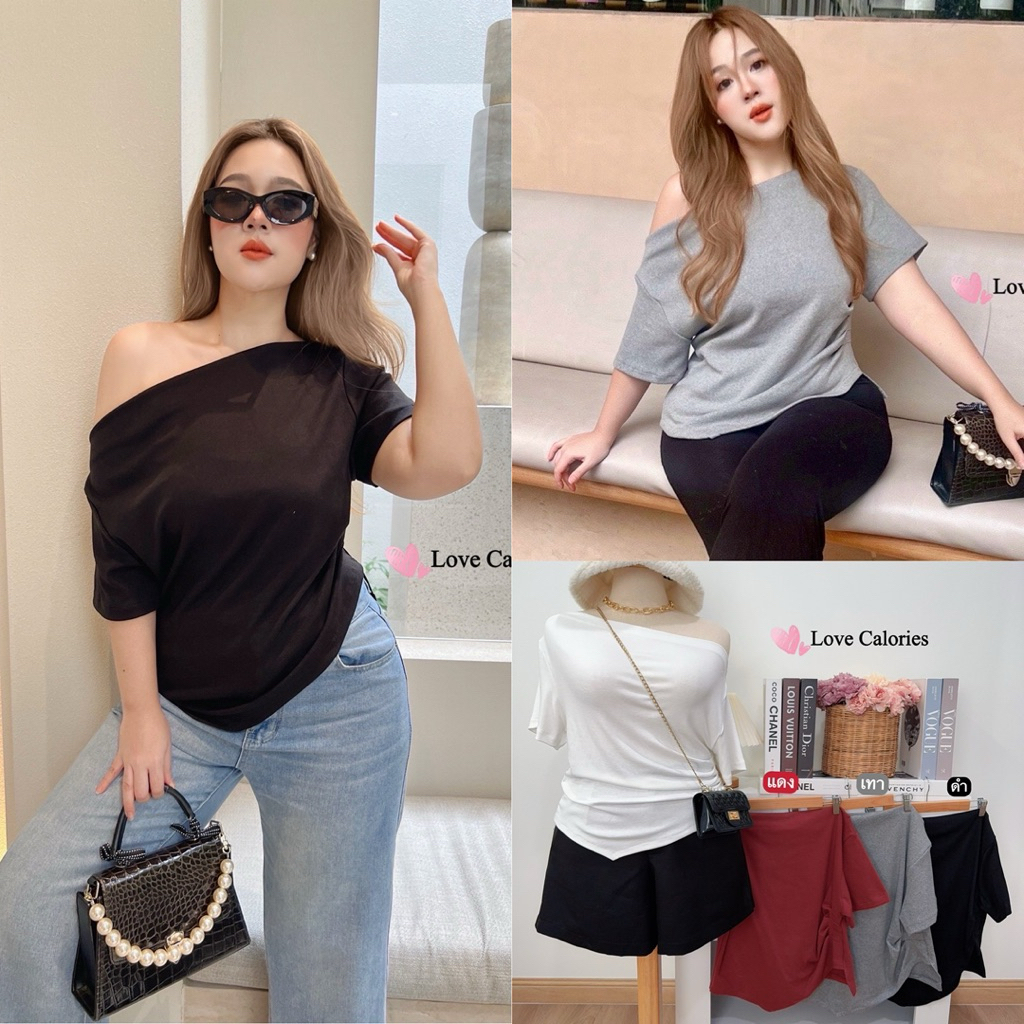 /LC/ เสื้อยืดปาดไหล่ ไซส์อก38-54 แต่งย่นเอวด้านข้าง ทรงสวย ผ้ายืดใส่สบาย