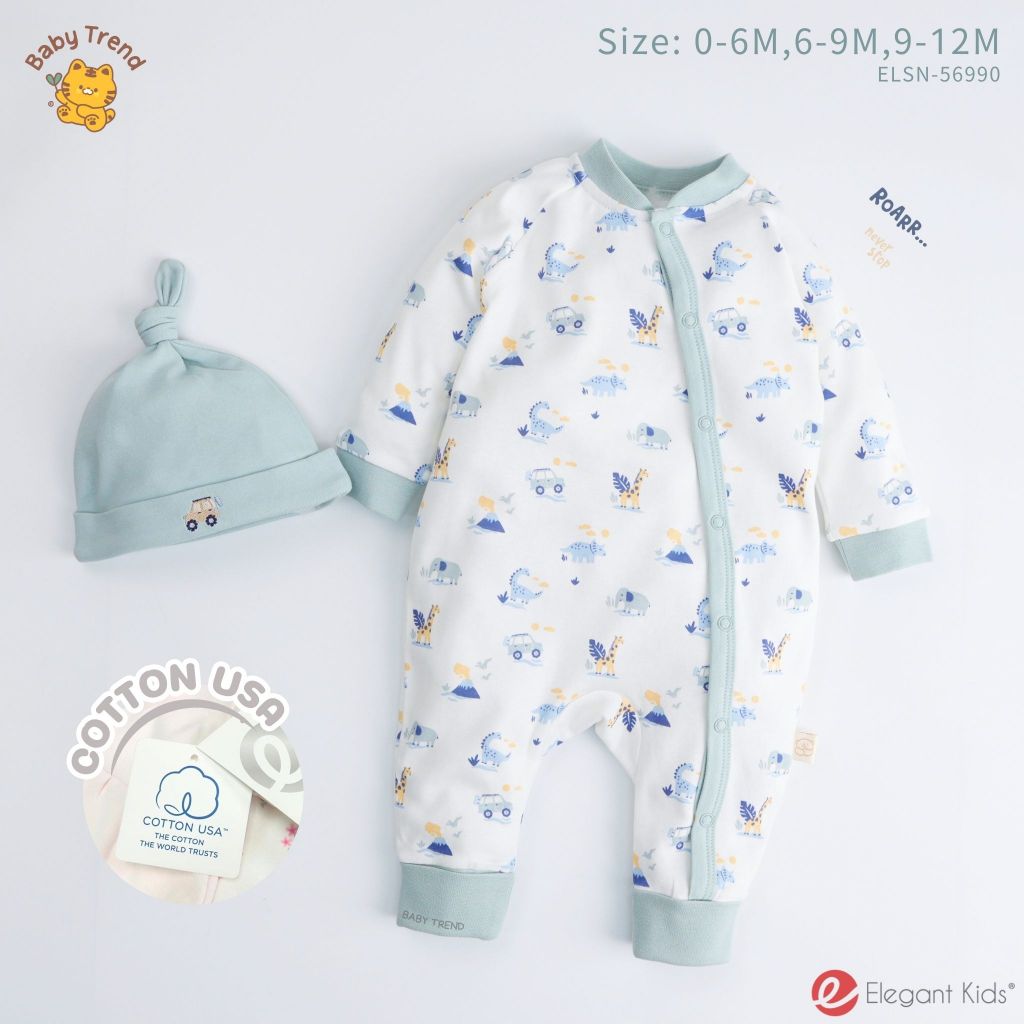 Elegant Kids ชุดลูกชาย 0-12 เดือน ชุดหมีเปิดเท้า พร้อมหมวกมัดจุก Dino Club Collection | Baby trend