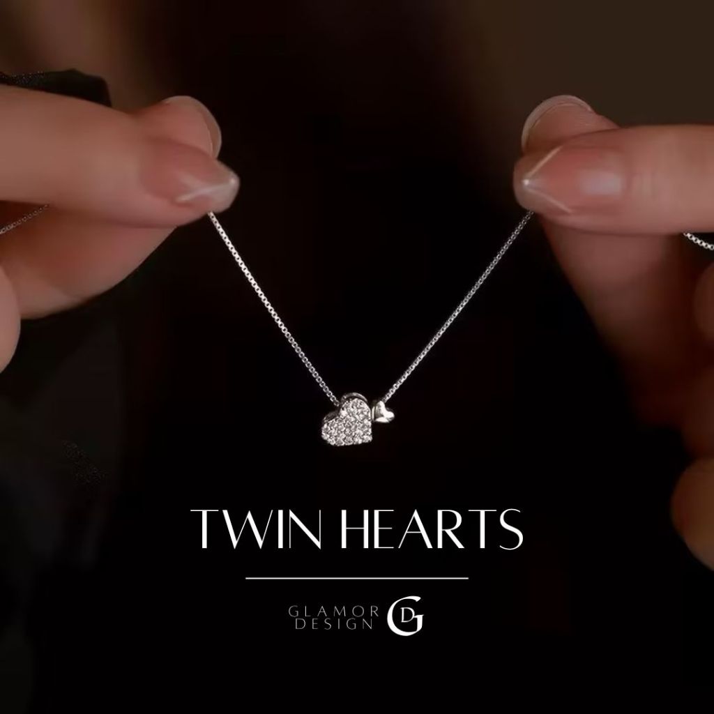 GLAMOR✨สร้อยคอเงิน Twin Hearts สร้อยคอเงินแท้925 สร้อยคอเพชรเม็ดเล็กรูปหัวใจคู่ สร้อยคอแฟชั่น