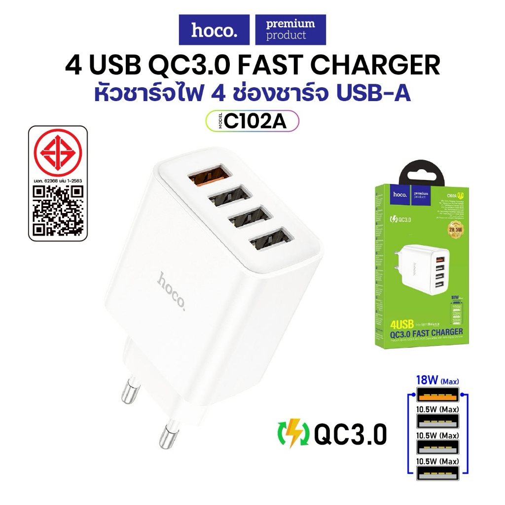 HOCO รุ่น C15 /อะแด๊ปเตอร์3 ช่อง USB 3.0 A / Hoco C102A อะแด๊ปเตอร์ USB 4ช่อง ชาร์จเร็ว