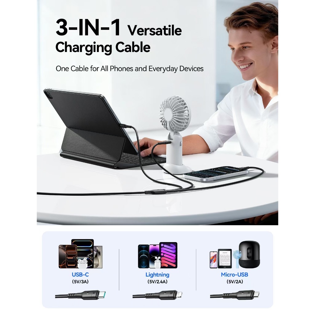 Joyroom A61  3-in-1 Charging Cable USB   C TO  C+M+L. / USB to C+M+L.  1.2m. 3.5A max