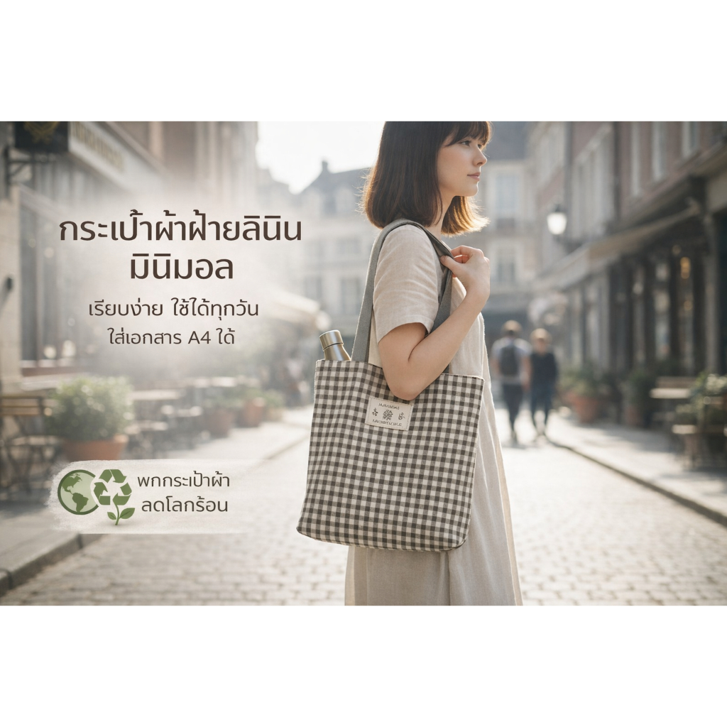 กระเป๋าผ้าฝ้ายลินินรักษ์โลก กระเป๋าช้อปปิ้ง กระเป๋าผ้าใช้ทุกวัน พร้อมส่ง