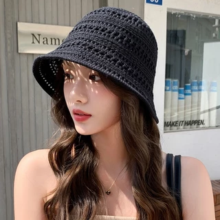 👒👒หมวกบัตเก็ตสไตล์เกาหลี หมวกแฟชั่นการทอผ้า การป้องกันรังสียูวี โครงสร้างตาข่ายเพื่อการระบายอากาศ