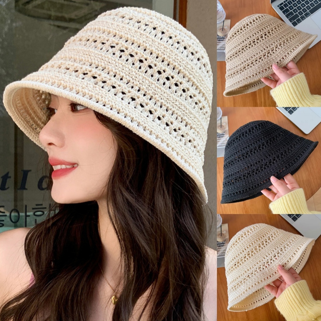 👒👒หมวกบัตเก็ตสไตล์เกาหลี หมวกแฟชั่นการทอผ้า การป้องกันรังสียูวี โครงสร้างตาข่ายเพื่อการระบายอากาศ