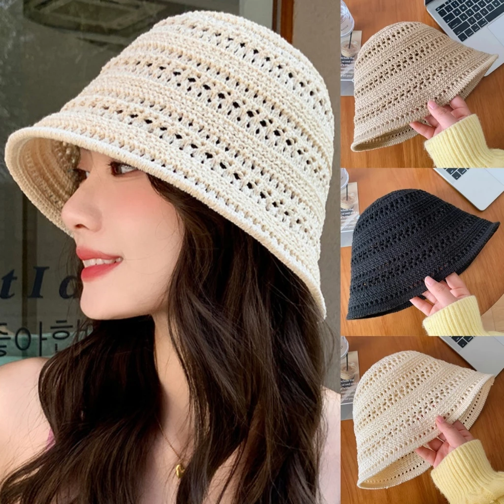 👒👒หมวกบัตเก็ตสไตล์เกาหลี หมวกแฟชั่นการทอผ้า การป้องกันรังสียูวี โครงสร้างตาข่ายเพื่อการระบายอากาศ