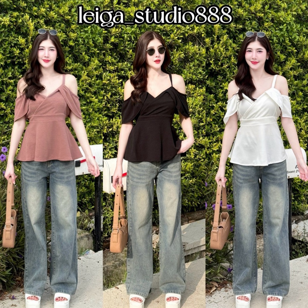 เสื้อผ้าวูลเวฟ ผ้ายืด ใส่สบาย สายเดี่ยวเปิดไหล่ระบาย อกไขว้ ชายระบาย สม็อคหลัง น่ารัก มีไซส์ สาวอวบ  เสื้อสาวอวบ T010