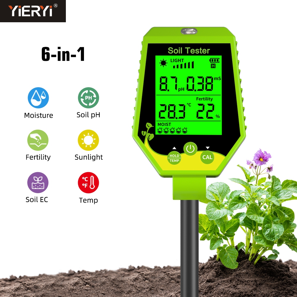 RCYAGO เครื่องวัดดิน 6in1 วัด pH EC ความชื้น แสง อุณหภูมิ ความอุดมสมบูรณ์ สำหรับสวน/กระถาง