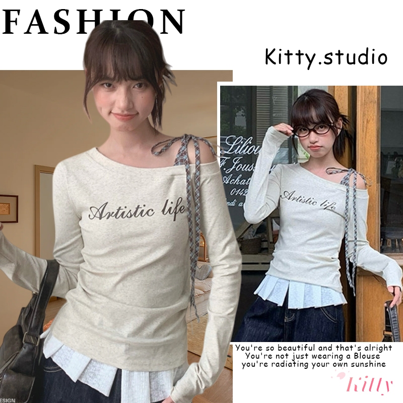 Kitty พร้อมส่ง🌸เสื้อสตรีY2Kเกาหลี🌸สีเทาปาดไหล่โบว์แพรวาว ทรงครอปกระชับสัดส่วนลำลองปาร์ตี้ปีใหม่ไปคาเฟ่จับแมทซ์ได้ง่าย