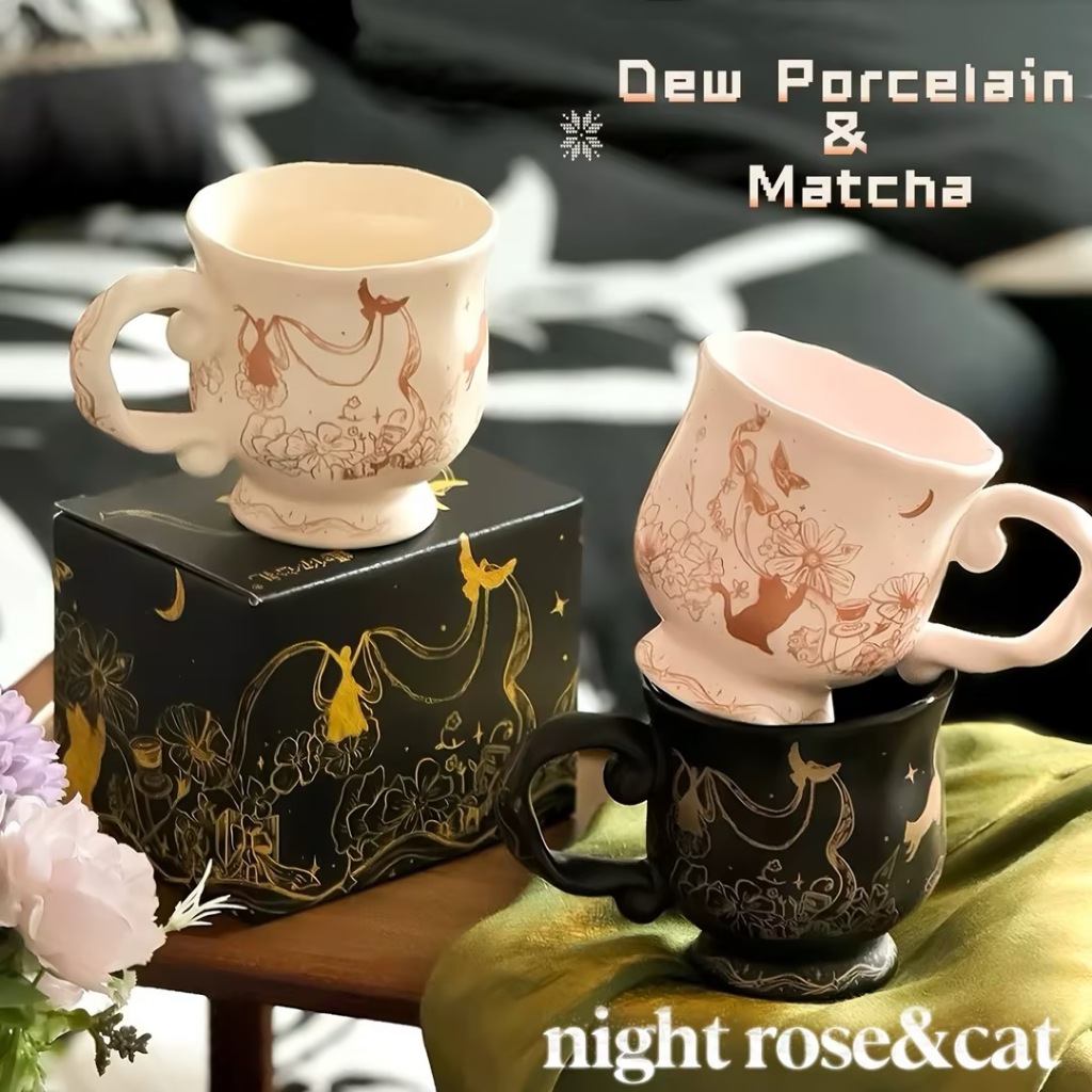 SunYoung Ceramic Coffee Mug แก้วกาแฟ สำหรับออฟฟิศ ที่บ้าน พร้อมกล่อง ของขวัญ ลายแมว กุหลาบ วินเทจ หรูหรา