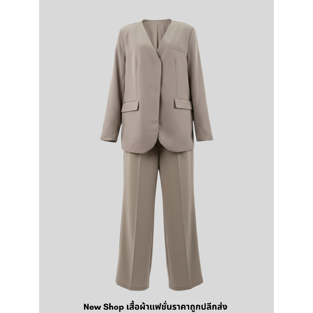 เซ็ตสูทกางเกงขายาวผู้หญิง สไตล์สุภาพเรียบร้อยใส่ทำงาน สีโทนเบจ ผ้าโพลีเอสเตอร์