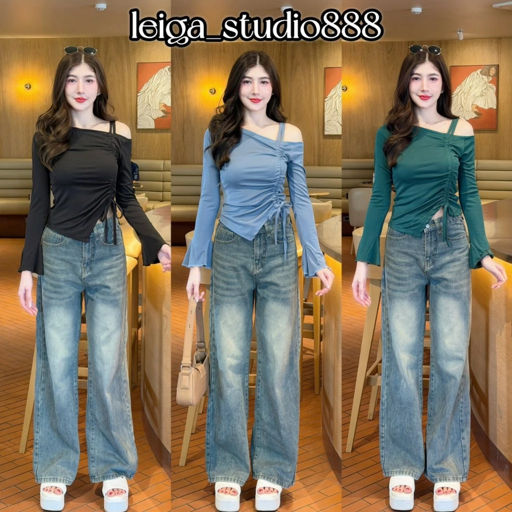 เสื้อยืดแขนยาว แฟชั่นเปิดไหล่ สายรูดผูกโบว์ เข้ารูป สไตล์เวียดนาม ใส่แมท LG085