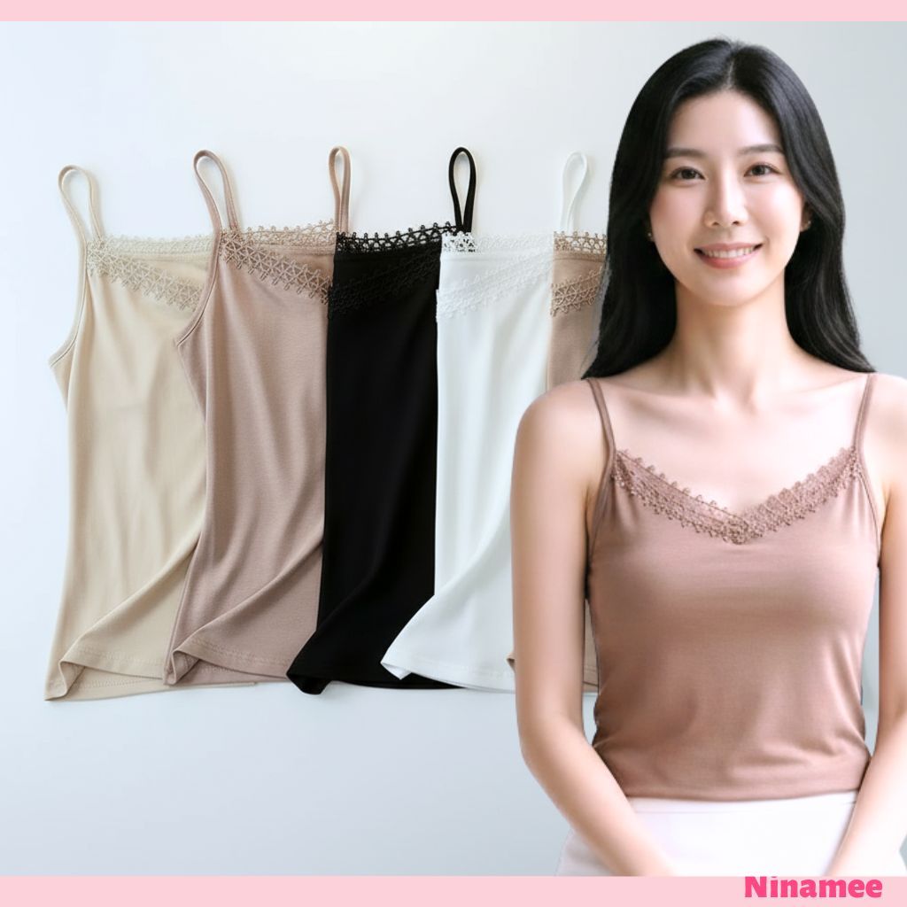 🍒Ninamee เสื้อสายเดี่ยวคอลูกไม้พรีเมียม อก33-42นิ้ว ผ้านิ่มยืดเยอะ สายเดี่ยวคอวี ทรงสวยหรูหรา21131