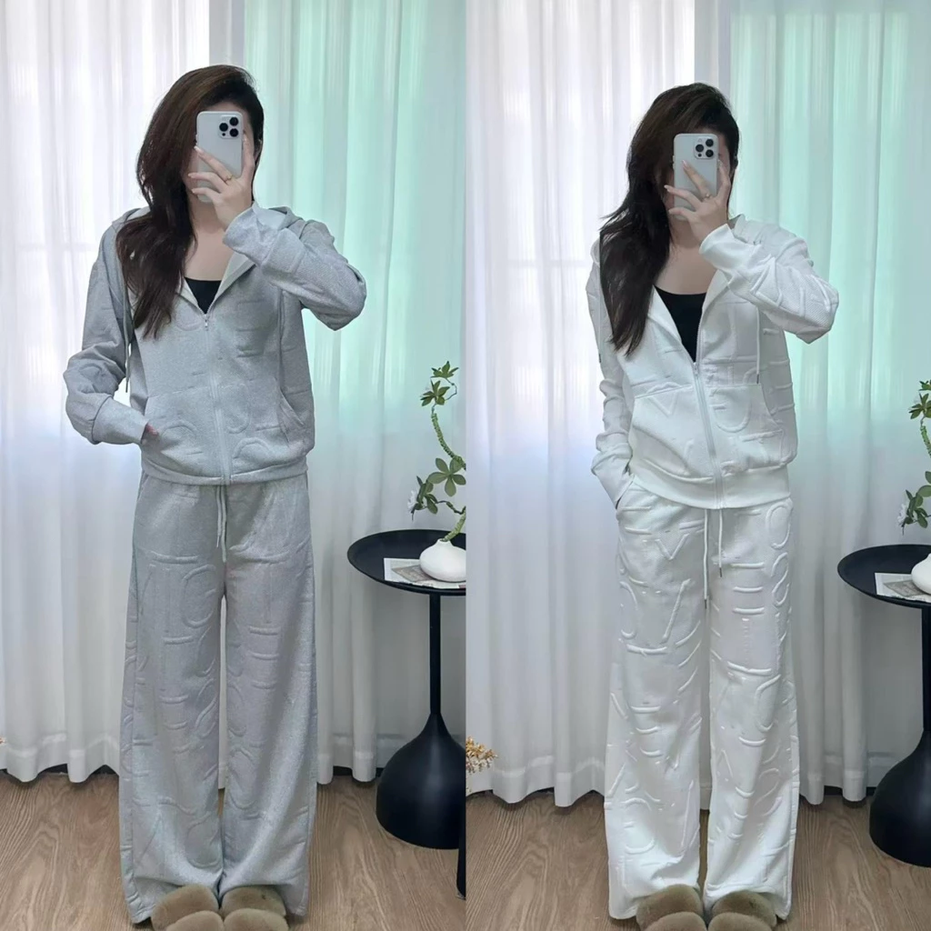 ชุดเซ็ท ปั้มนูนแจ็คเก็ตมีฮู้ด แขนยาวขายาว[ผ้าทอปั้มนูน ลายอังกฤษฟรีไซส์]