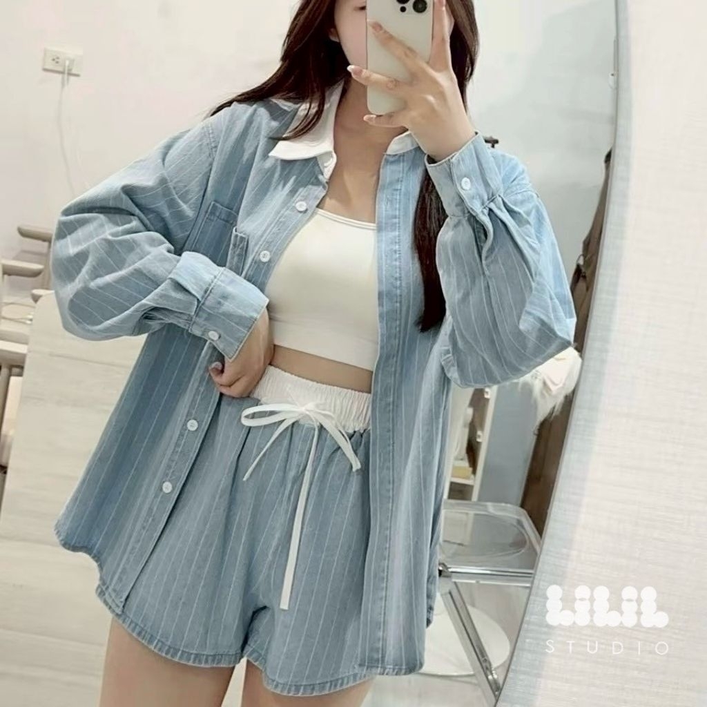 ชุดเซ็ทยีนส์​ เสื้อแขนยาวคู่กับกางเกง​ขาสั้นสุดคิ้วท์​ มี​ 2 สี