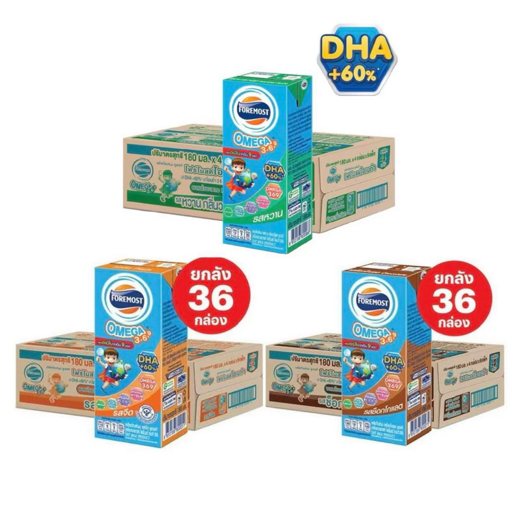 Foremost โฟรโมสต์ โอเมก้า นมยูเอชที รสจืด ขนาด 180มล x36 กล่อง ขายยกลัง (1ลัง)