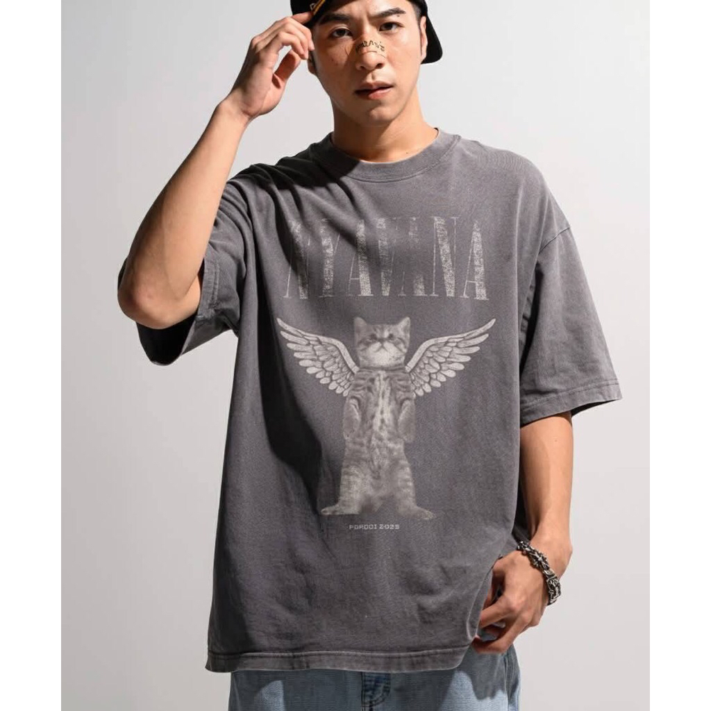 nyavana เสื้อยืดฟอกเฟดสไตล์วินเทจล้อเลียนวงnirvana แบบแมวๆ เสื้อวงสไตล์วินเทจ ฟอดเฟด สกรีนdtg บางๆ เบาๆ