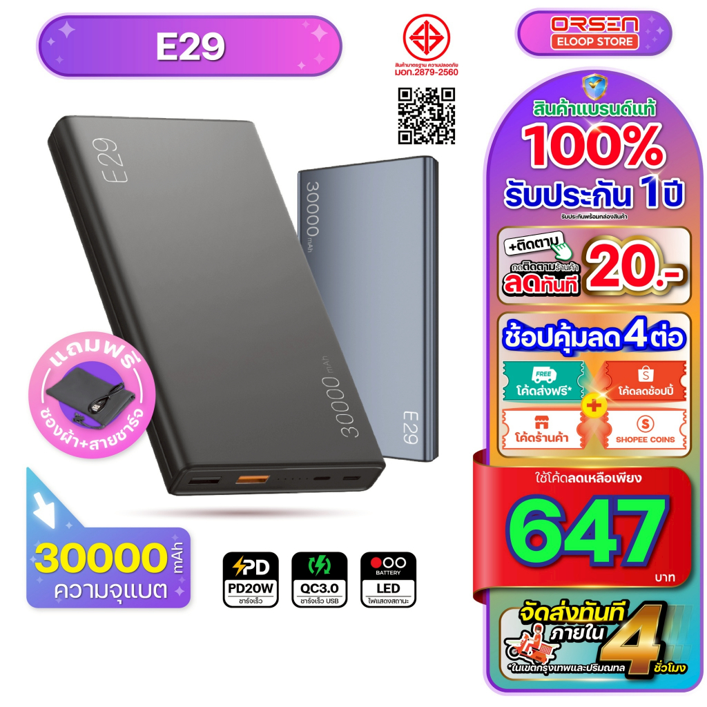 [671บ. โค้ดคุ้ม] Orsen Eloop Store E29 แบตสำรอง Power bank C18 GaN หัวชาร์จเร็ว PD สูงสุด 65W