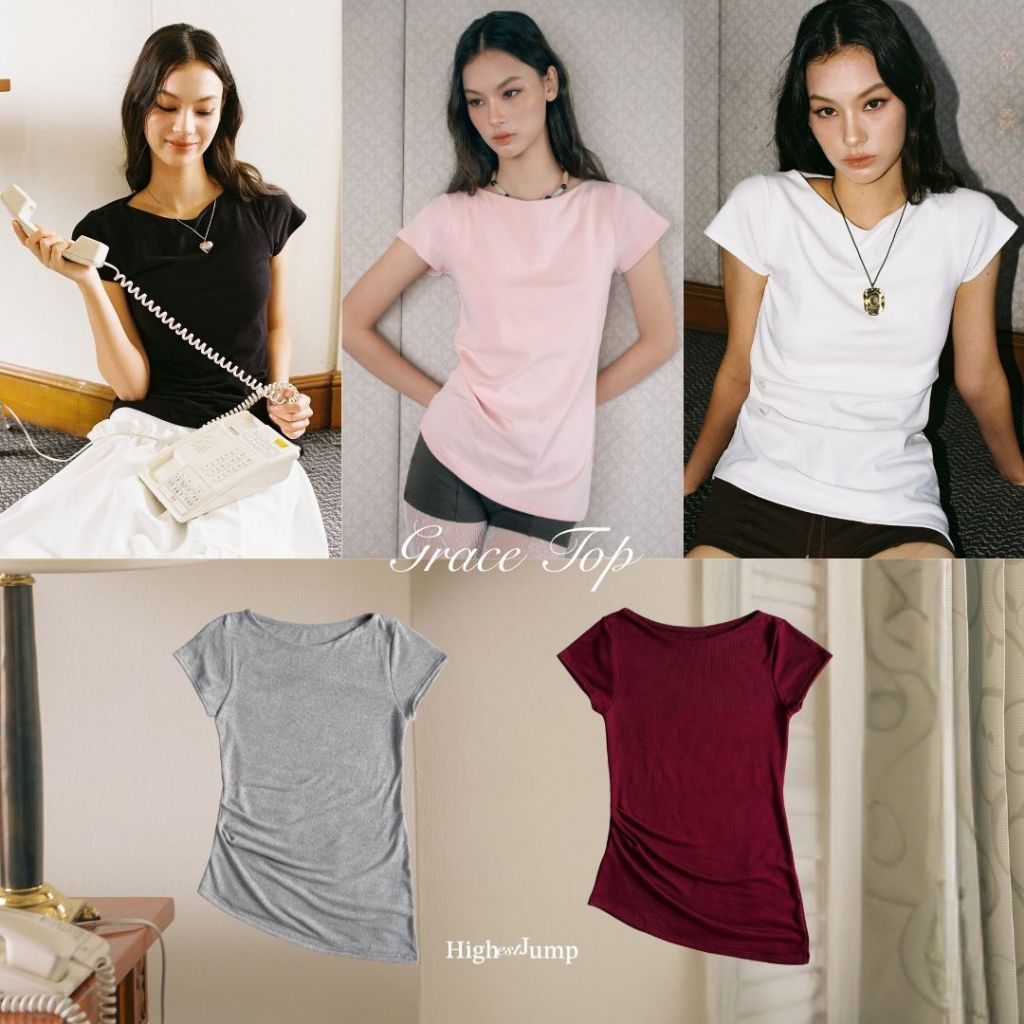 Highestjump – Grace top เสื้อเสื้อดีเทลจีบเฉียงข้าง เนื้อผ้าดีมากยืดและนุ่มสบาย (พร้อมส่ง) ขาว,ดำ ขายดีแนะนำ – โปรปัง