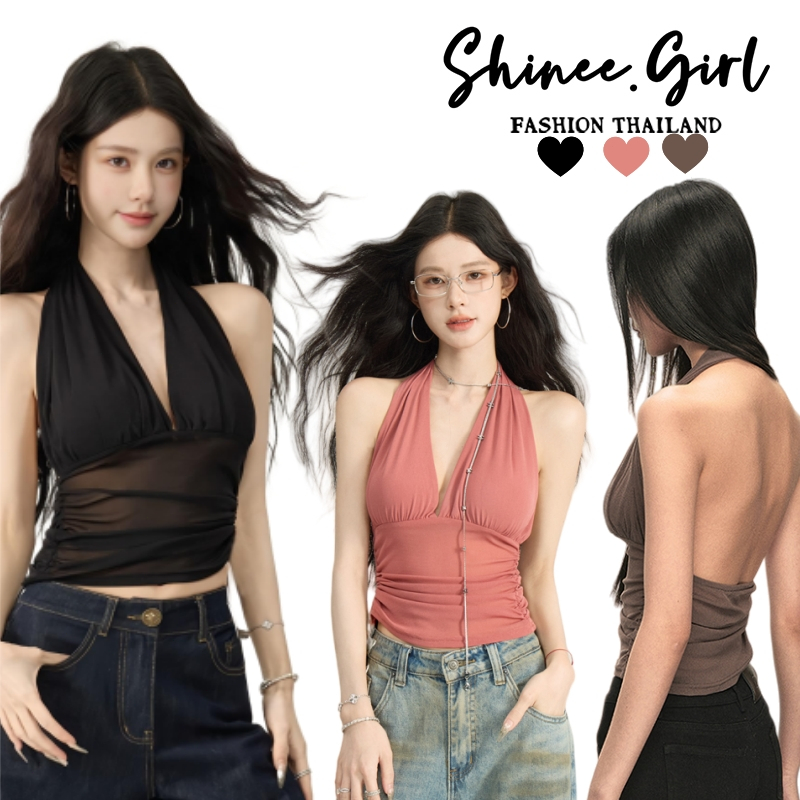 SHG พร้อมส่ง🌹เสื้อคล้องคอ🌹Crop Top เสื้อครอป คอวีลึก เว้าหน้าอกและเปิดหลัง สีพื้น ใส่สบาย สวยดูแพง จับจีบเข้ารูป