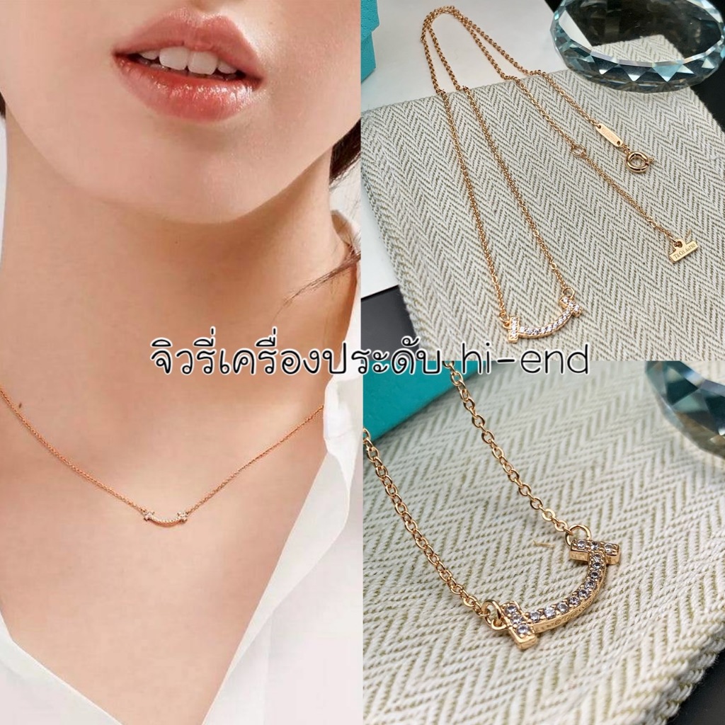 สร้อยคอ T สมายด์ วัสดุ 18K พิ้งค์โกลว์ ฝังเพชs Sw ar ob sk i 0ri งานสวย ปั้ม (ฟ11)