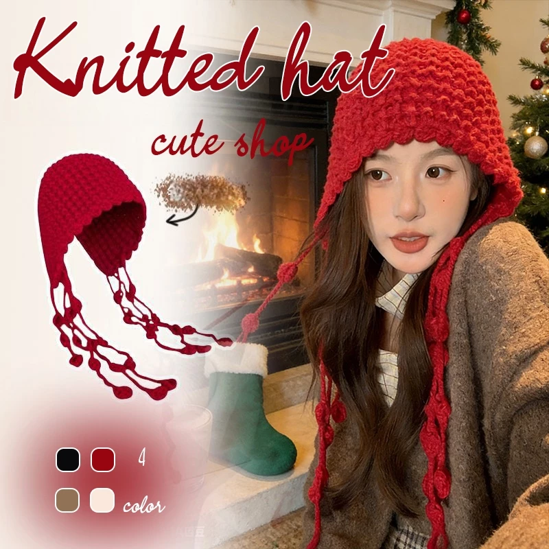 หมวกไหมพรม งานถักสานสายยาว มีสไตล์ มีพู่ประดับ มีหลายสีให้เลือก ที่ปิดหู น่ารัก ทำให้ใบหน้าดูเล็กลง