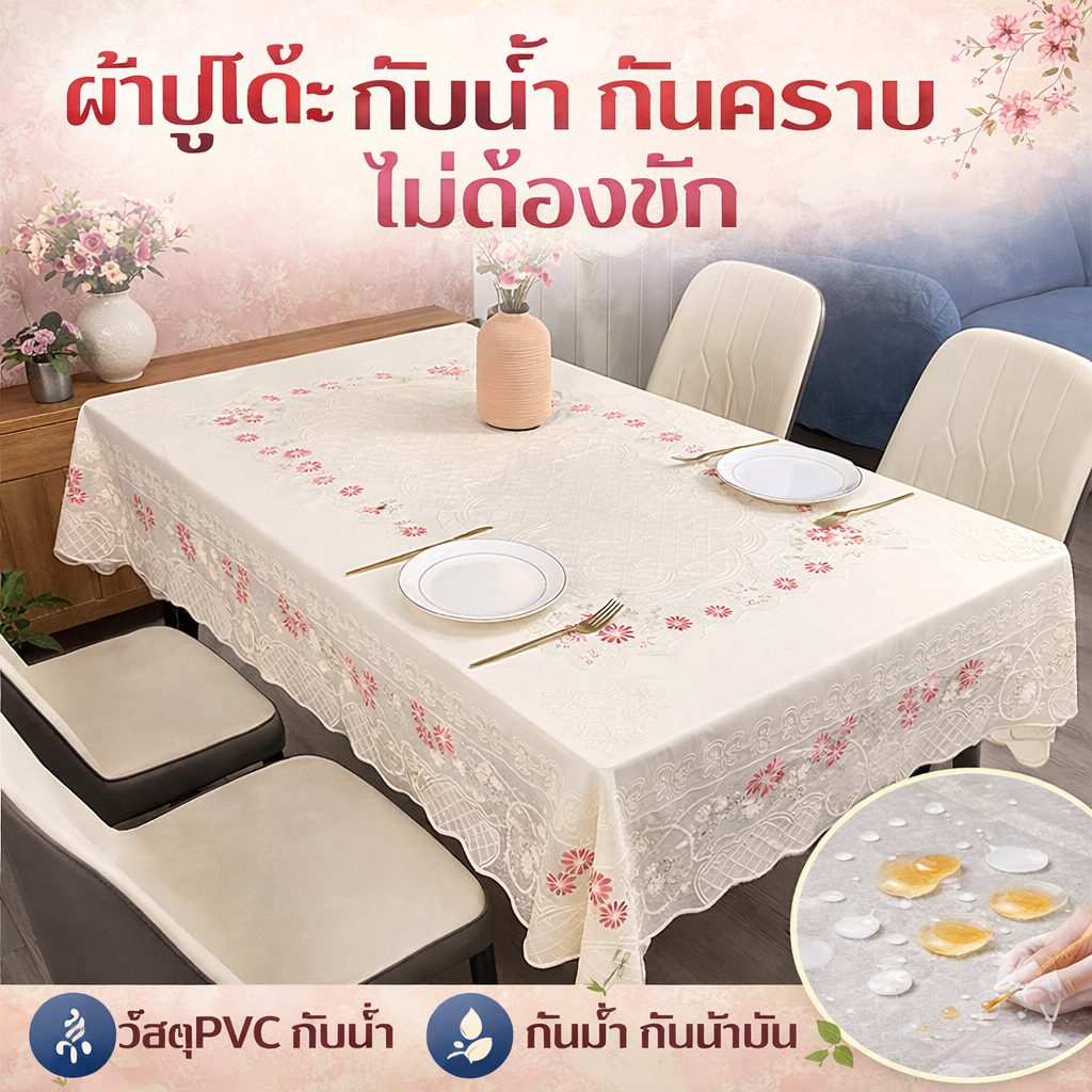 แผ่นรอง/ผ้าคลุมโต๊ะ PVC สี่เหลี่ยมผืนผ้า สำหรับโต๊ะอาหาร-สือ-กลาง และใช้ในบ้าน ไม่ต้องซัก กันน้ำ