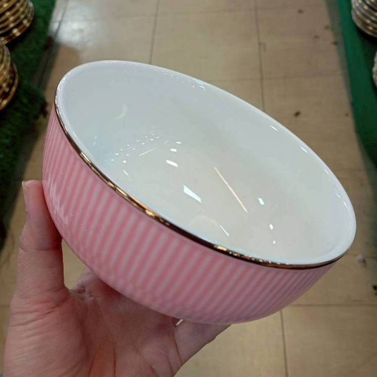 ถ้วย ชามเซรามิก 6 นิ้ว ถ้วยลายสีชมพูขอบทอง ถ้วยขอบทอง ชามแกง ชามก๋วยเตี๋ยว ถ้วยราคาถูก