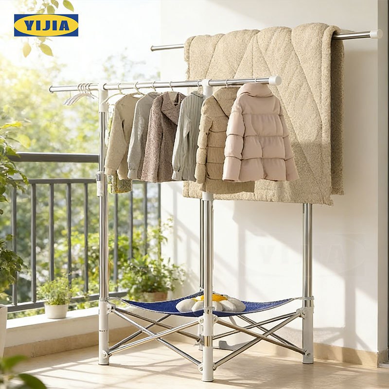 YIJIA ราวตากผ้า ราวตากผ้าพับได้ ราวแขวนผ้าบาร์คู่+กระเป๋าผ้า เหล็กกล้าไร้สนิม โดนน้ำโดยไม่เป็นสนิม