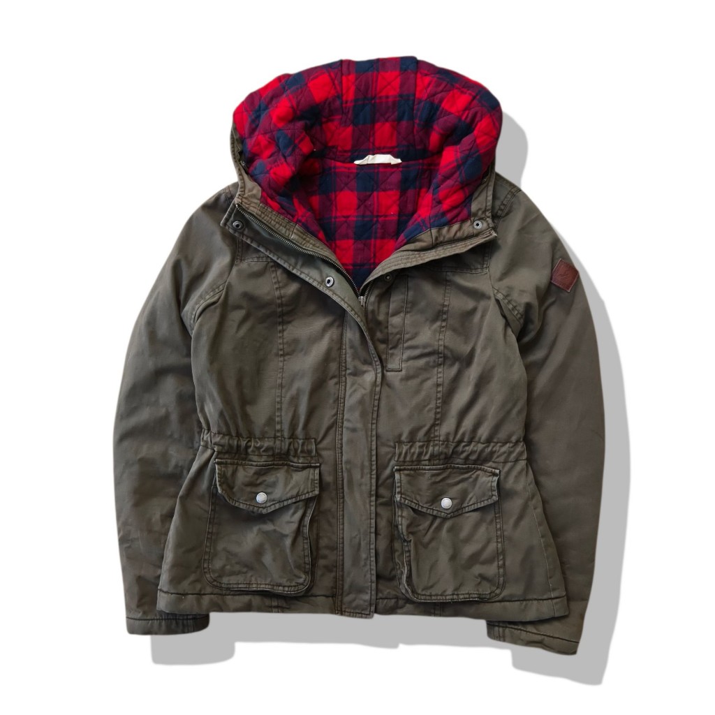 Hollister Women Military Zip Up Flannel Lined Hooded Jacket รอบอก 44”