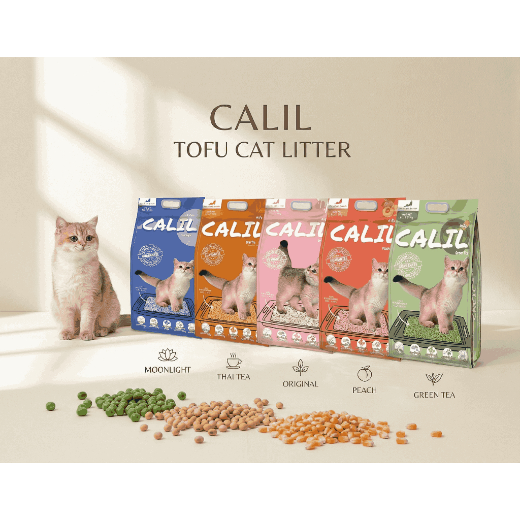 CALIL คาลิล ทรายแมวเต้าหู้ธรรมชาติ ขนาด 6 ลิตร และ 10 ลิตร มี 5 กลิ่น และที่ดับกลิ่นทรายแมวคาลูCaloo