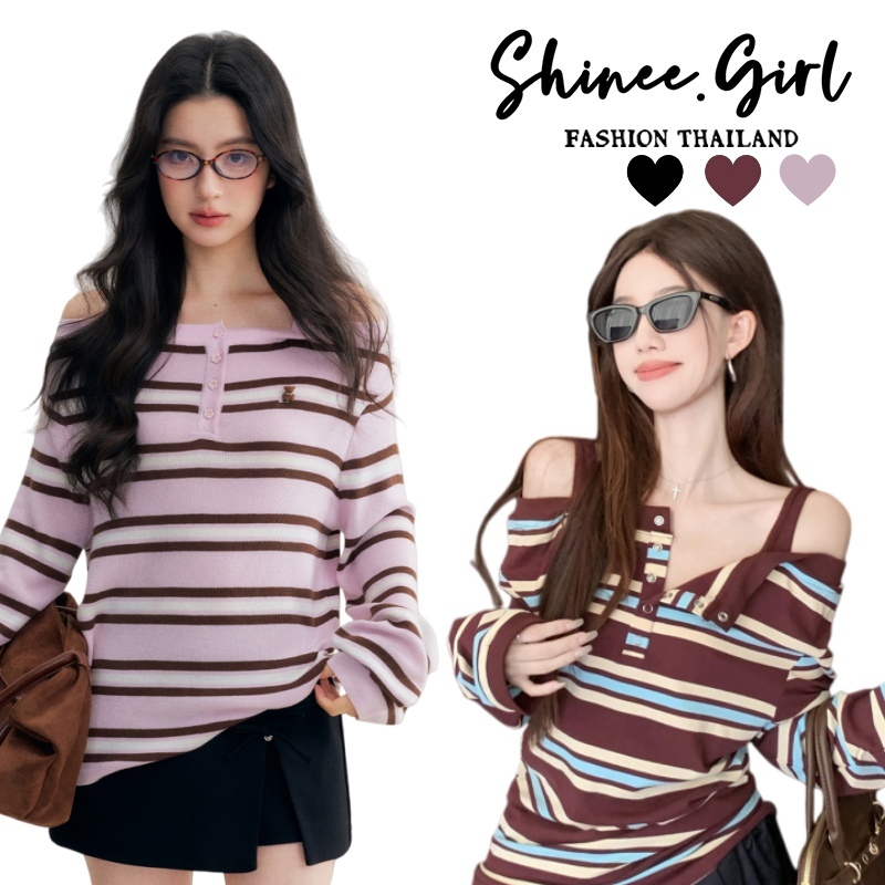 SHG พร้อมส่ง🌹เสื้อยืดแขนยาวเปิดไหล่ลายทาง 🌹ดีไซน์เก๋ๆ ทรงหลวม แต่งกระดุมใช้ได้จริง คอวี สไตล์ลำลอง ไปคาเฟ่ น่ารักๆ