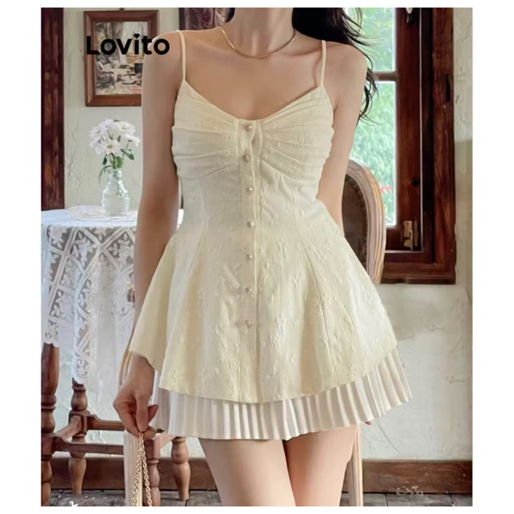 ส่งต่อ ❣️  ชุดเดรสผู้หญิง มีกระดุม ผ้าแจ็กการ์ด แต่งจีบ สีพื้น สไตล์ลำลอง L86ED347