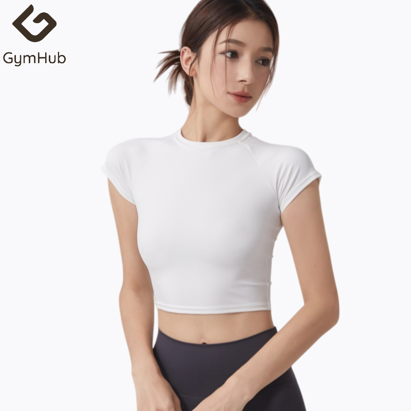 GymHub เสื้อเชิ้ตสตรีคอวี แขนสั้น ทรงรัดรูป เรียบง่าย แขนเสื้อตรง ไว้สวมชั้นใน