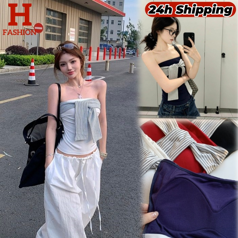 HOT พร้อมส่ง เสื้อเกาะอกเสริมฟองน้ำ มินิมอล สีพื้น ดีเทลแต้งโบว์ลายทาง FY5561 - รูปที่ 7