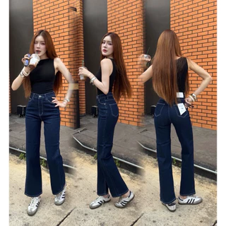 กางเกงยีนส์ขากระบอก เบสิค ผ้ายืด เอวสูง ทรงสวยใส่สบาย