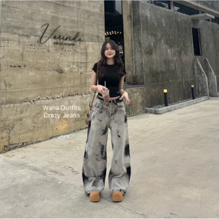 Wana.Outfits - Crazy Jeans กางเกงยีนส์ขากระบอกใหญ่ งานฟอกhandmade