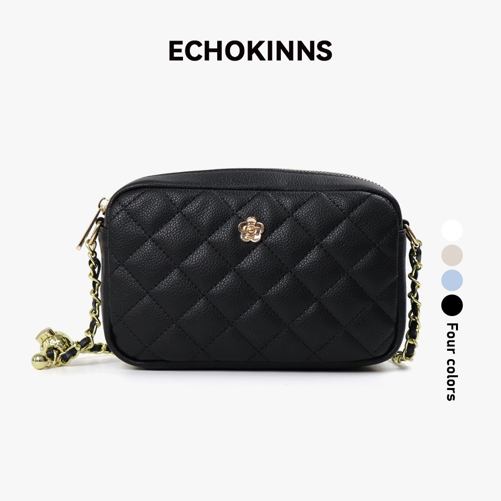 EchoKinns กระเป๋าสะพายข้างผู้หญิง หนัง PU คุณภาพสูง ลายข้าวหลามตัด กระเป๋าสายโซ่