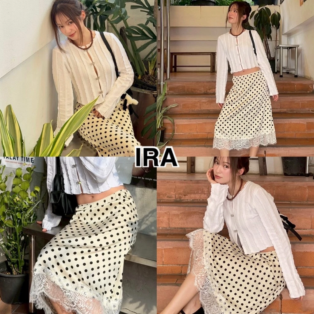 BY IRA (2025-93)Honey skirt กระโปรงยาวลายจุด ดีเทลแต่งขอบระบายลูกไม้ ขอบเอวยางยืดใส่สบาย