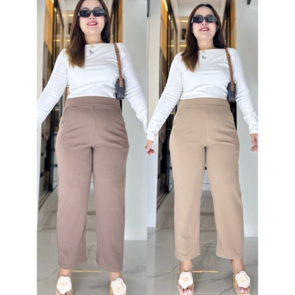 กางเกงขายาว กระบอกเล็ก ใส่ทำงาน สาวอวบใส่ได้ เก็บพุง ใส่แล้วพรางหุ่น เอวยางยืด ฟรีไซส์ ความยาว 38 นิ้ว ผ้ายืดวูลเวฟ
