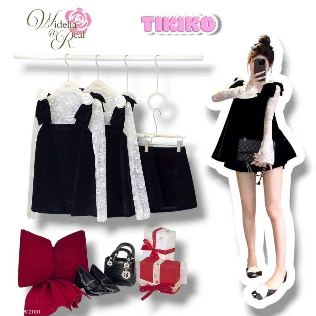 Widelia @ Real  เดรสสายเดี่ยว + เสื้อลูกไม้ + กางเกงขาสั้น + เข็มกลัดดอกไม้ 2 ดอก ชุดสีดำ