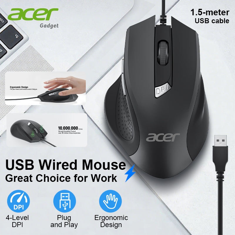 Acer Wired USB Mouse (เมาส์มีสายราคาประหยัดและทนทาน เชื่อมต่อ USB พร้อมใช้งานได้ทันที)