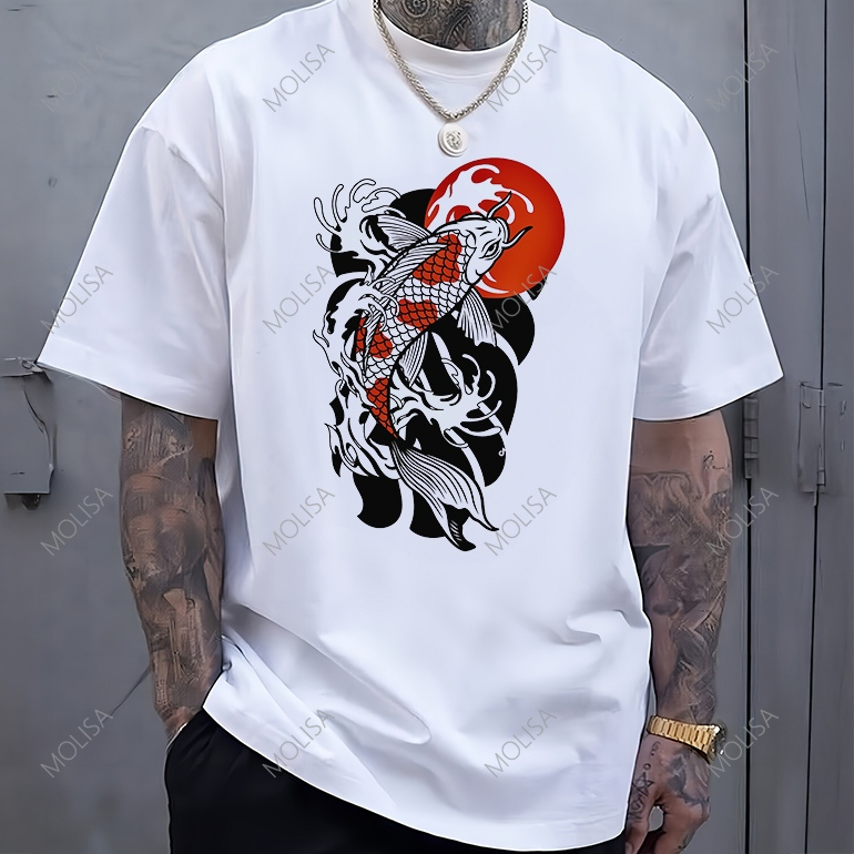 เสื้อลายปลาคราฟ รุ่นใหม่ 2026 เสื้อเท่ oversized T shirt สีขาว เสื้อยืดแขนสั้น cotton100% 68069#