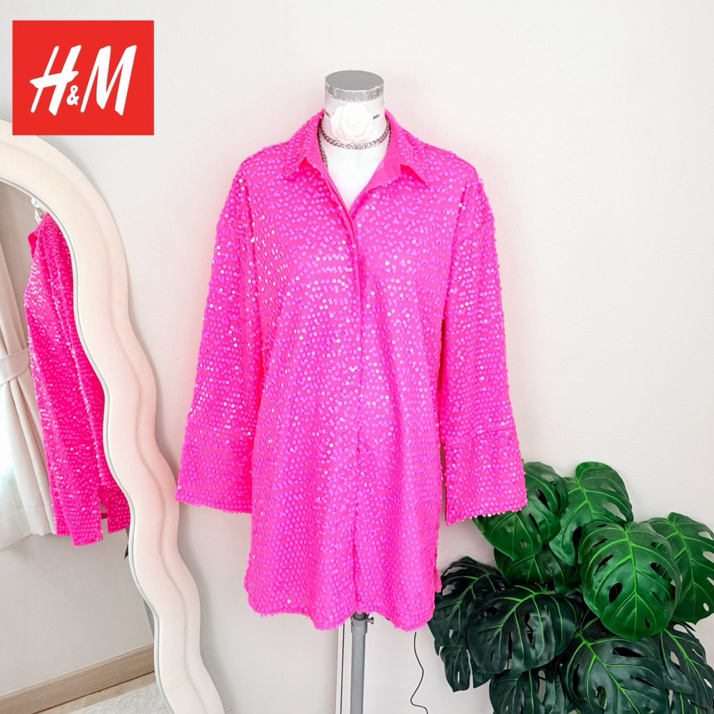 ไซด์ M-L แบรนด์ H&N แท้ 100%🌸เดรส ทรงเชิ้ต ตัวยาว Luxury เสื้อคลุม งานเกล็ดวิบวับ สีชมพูนีออน ชุดออกงาน ชุดปาร์ตี้3